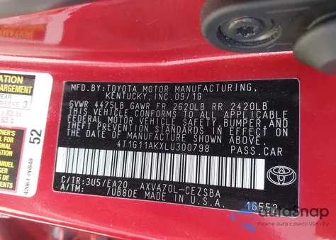 2020 Toyota Camry Se from USA, damaged, VIN 4T1G11AKXLU300798